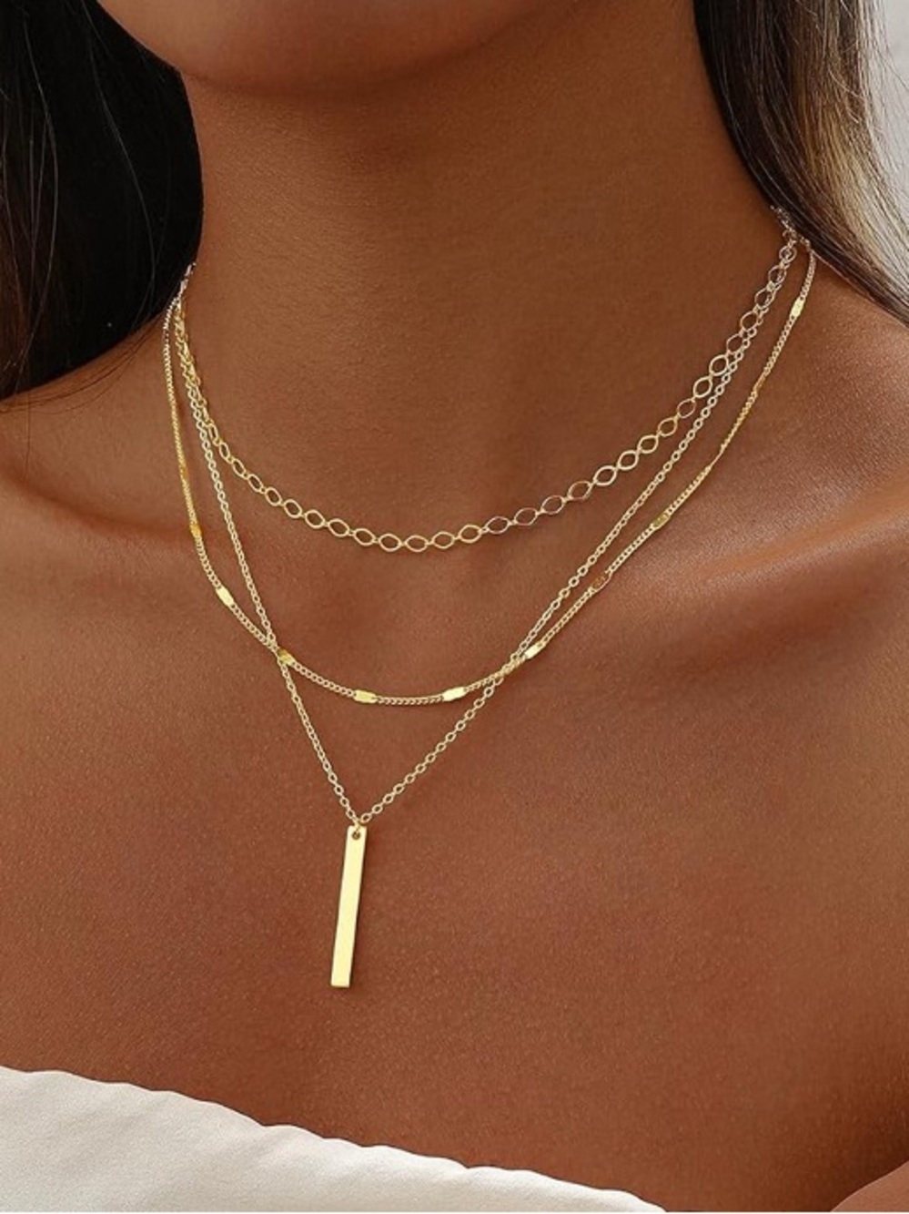 14K Gold Plated Layered Bar Pendant Necklace Set - Picture 6 of 6